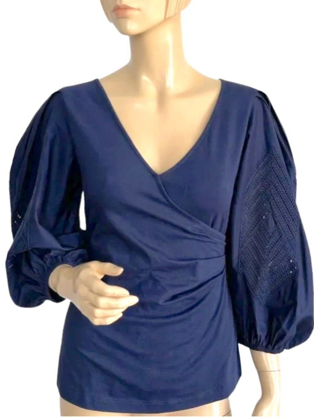 Parker "Daphne" Wrap-Style Top With Balloon Sleeves In Navy Blue - Size Small